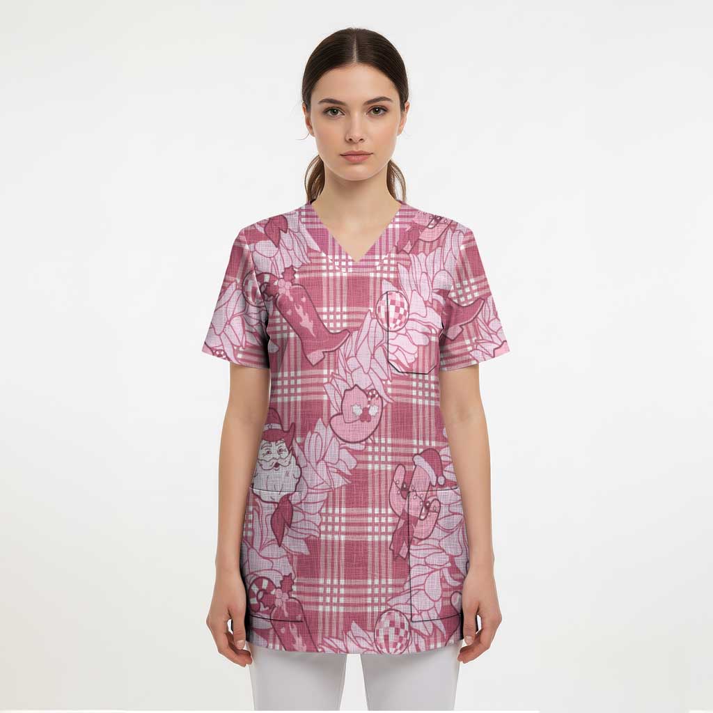 Pink Palaka Hawaii Cowboy Christmas Scrub Top Paniolo Mix Maile Lei - Polynesian Pride