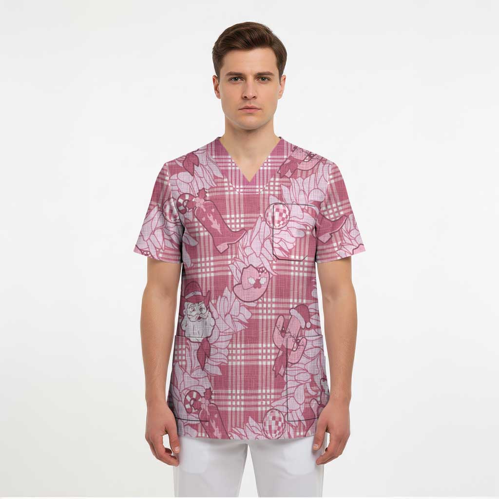 Pink Palaka Hawaii Cowboy Christmas Scrub Top Paniolo Mix Maile Lei - Polynesian Pride