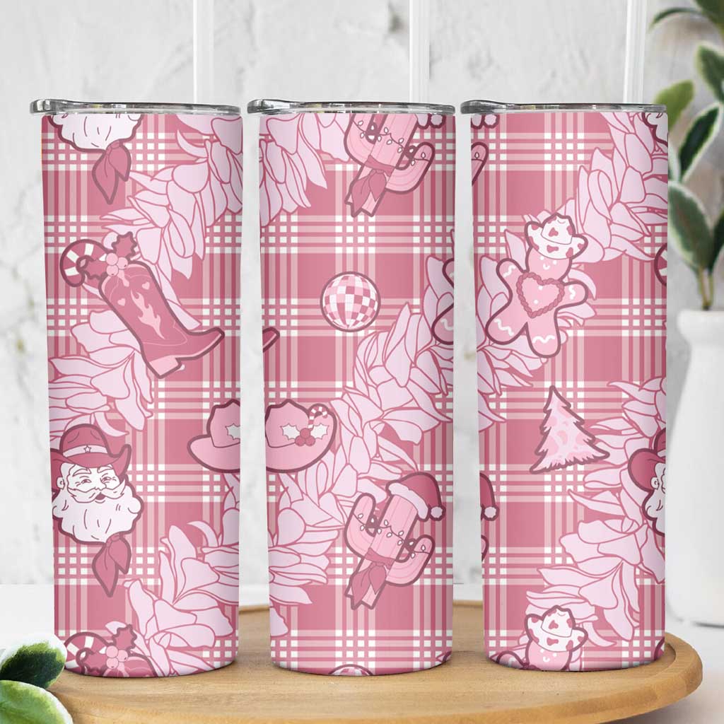 Pink Palaka Hawaii Cowboy Christmas Skinny Tumbler Paniolo Mix Maile Lei - Polynesian Pride