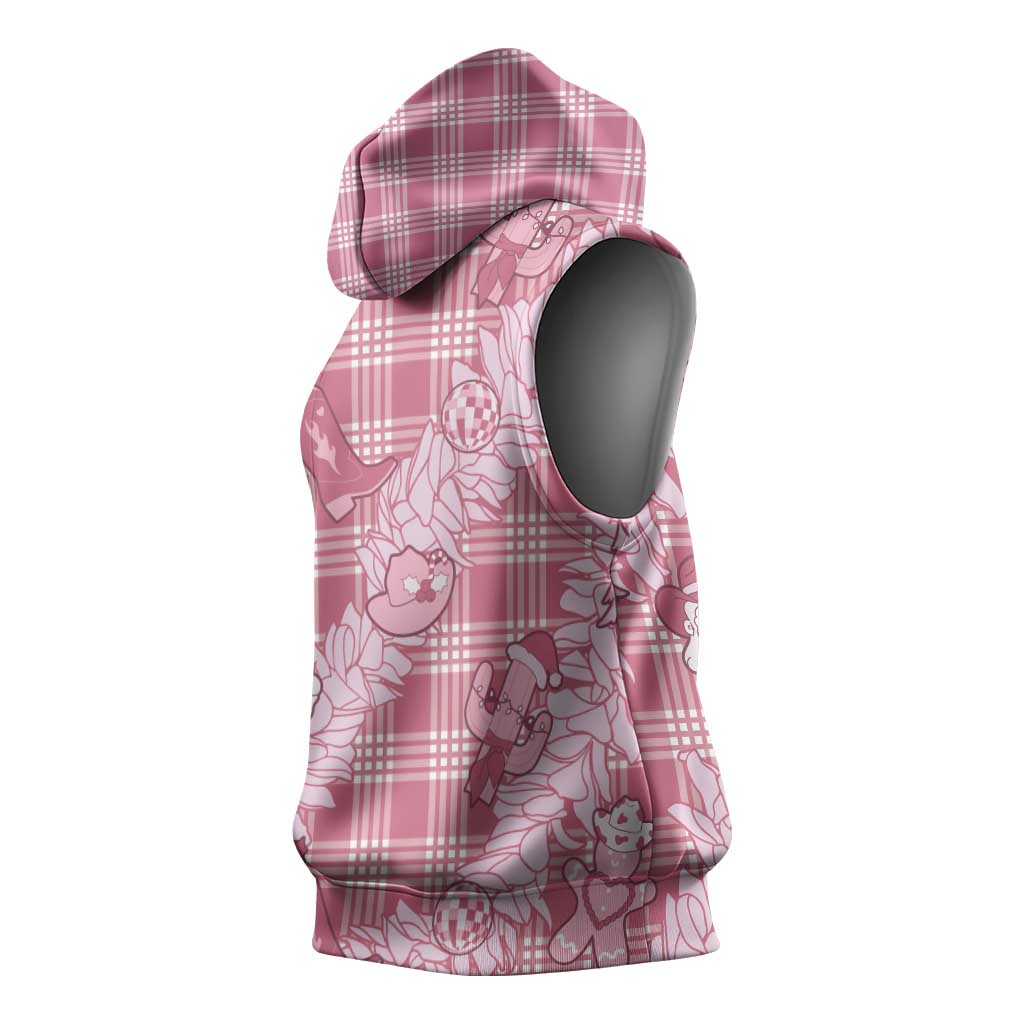 Pink Palaka Hawaii Cowboy Christmas Sleeveless Hoodie Paniolo Mix Maile Lei - Polynesian Pride