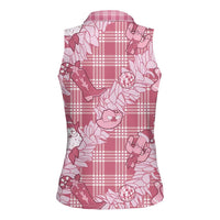 Pink Palaka Hawaii Cowboy Christmas Women Sleeveless Polo Shirt Paniolo Mix Maile Lei - Polynesian Pride