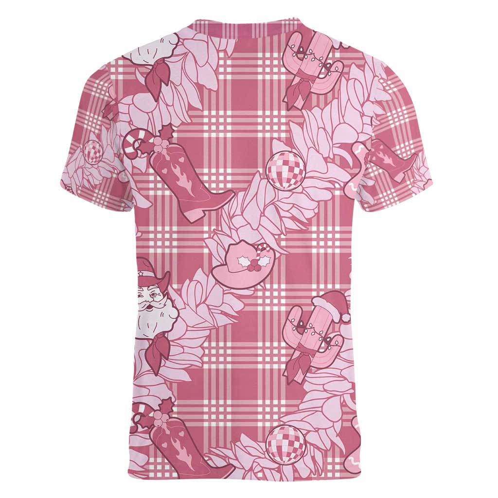 Pink Palaka Hawaii Cowboy Christmas Women V-Neck T-Shirt Paniolo Mix Maile Lei - Polynesian Pride