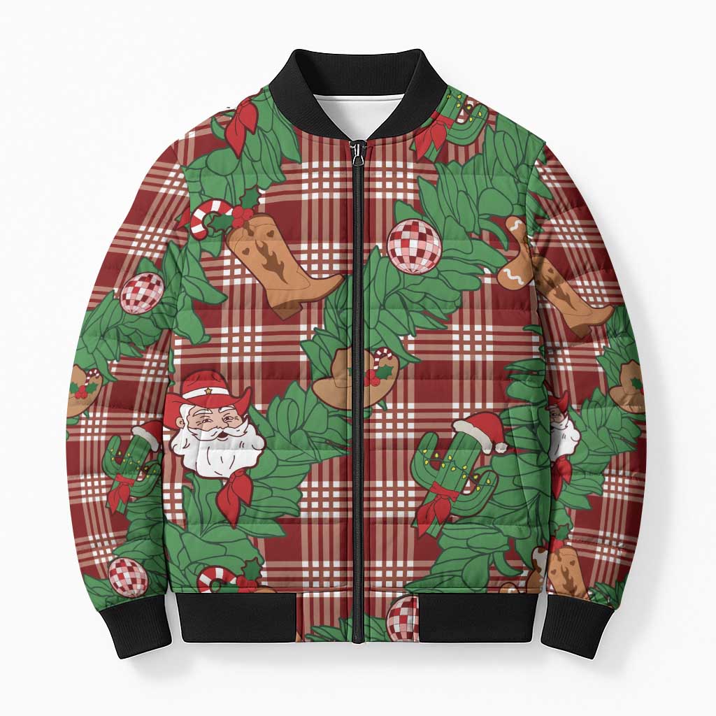 Red Palaka Hawaii Cowboy Christmas Bomber Puffer Jacket Paniolo Mix Maile Lei - Polynesian Pride