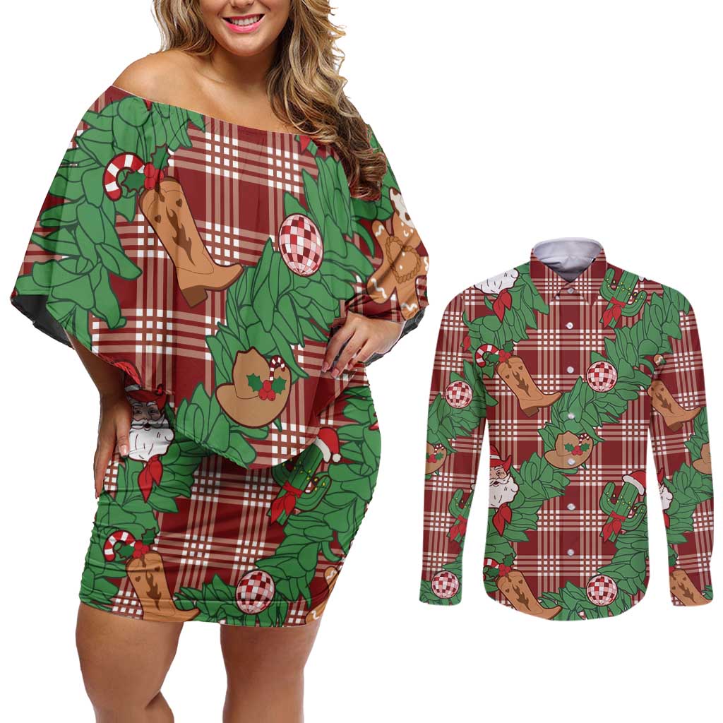 Red Palaka Hawaii Cowboy Christmas Couples Matching Off Shoulder Short Dress and Long Sleeve Button Shirt Paniolo Mix Maile Lei - Polynesian Pride