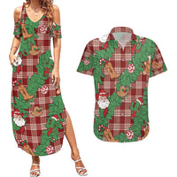 Red Palaka Hawaii Cowboy Christmas Couples Matching Summer Maxi Dress and Hawaiian Shirt Paniolo Mix Maile Lei - Polynesian Pride