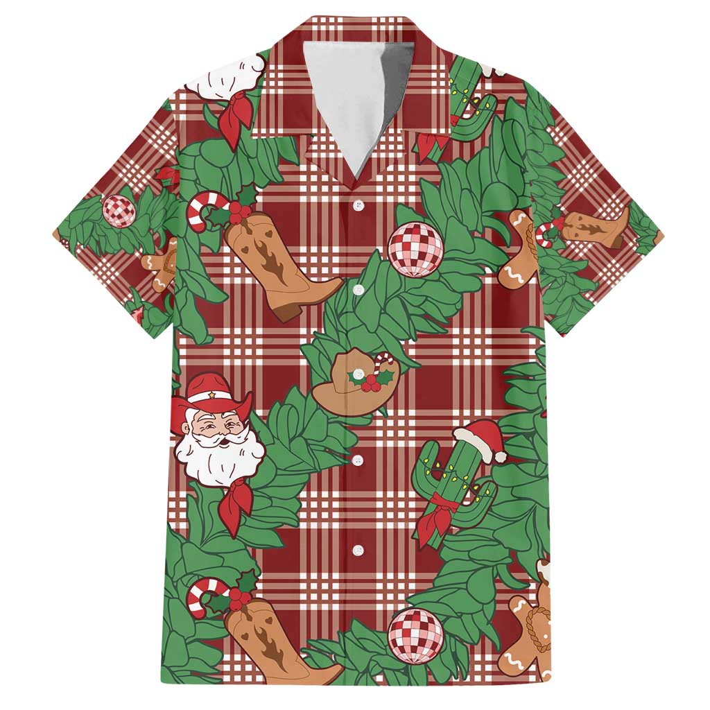 Red Palaka Hawaii Cowboy Christmas Family Matching Off Shoulder Short Dress and Hawaiian Shirt Paniolo Mix Maile Lei - Polynesian Pride