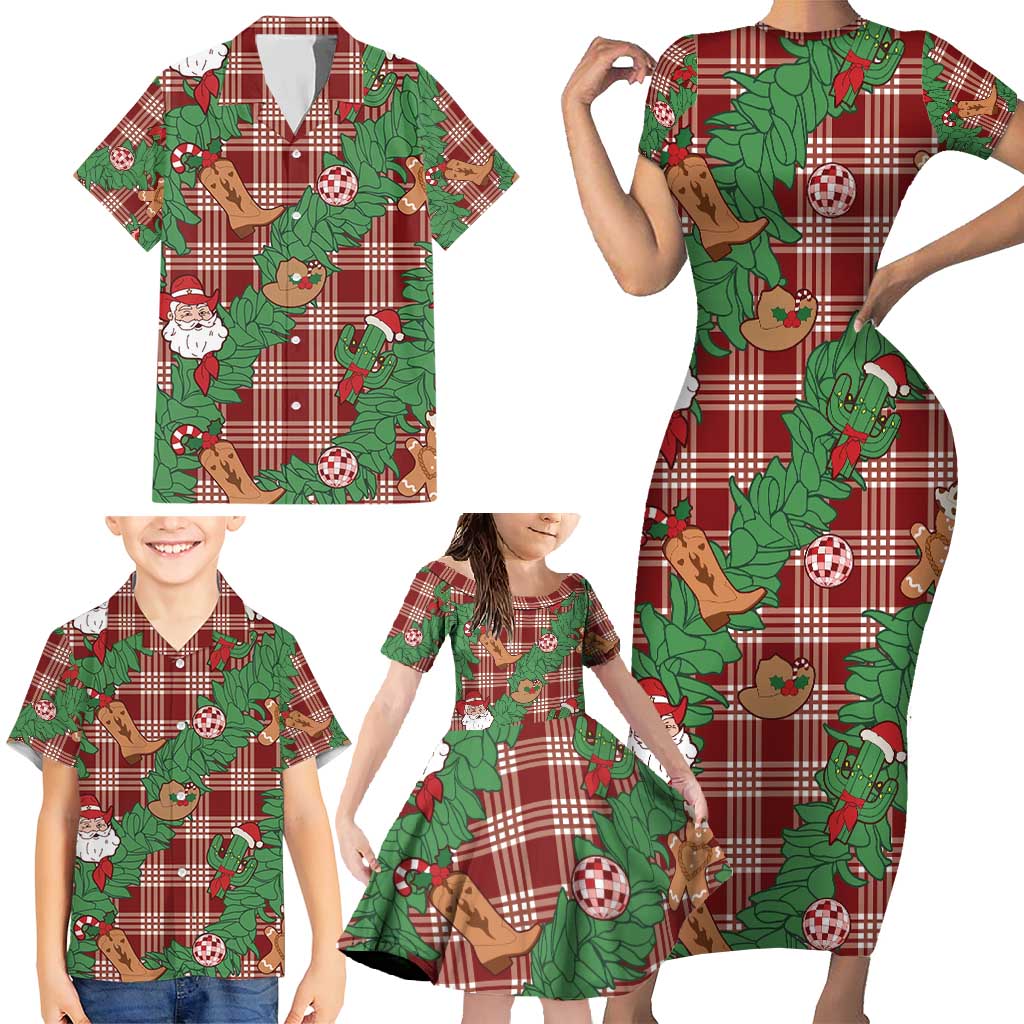 Red Palaka Hawaii Cowboy Christmas Family Matching Short Sleeve Bodycon Dress and Hawaiian Shirt Paniolo Mix Maile Lei - Polynesian Pride