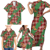 Red Palaka Hawaii Cowboy Christmas Family Matching Short Sleeve Bodycon Dress and Hawaiian Shirt Paniolo Mix Maile Lei - Polynesian Pride