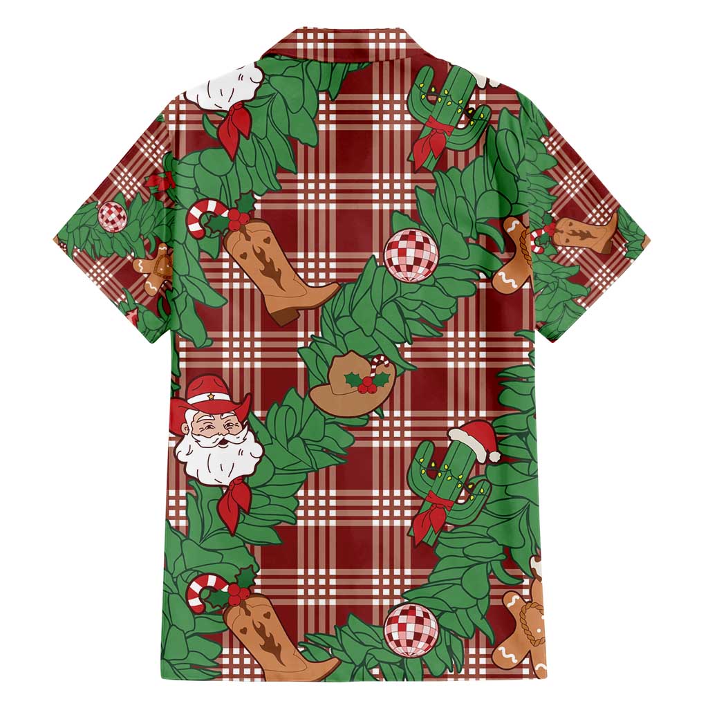 Red Palaka Hawaii Cowboy Christmas Family Matching Short Sleeve Bodycon Dress and Hawaiian Shirt Paniolo Mix Maile Lei - Polynesian Pride