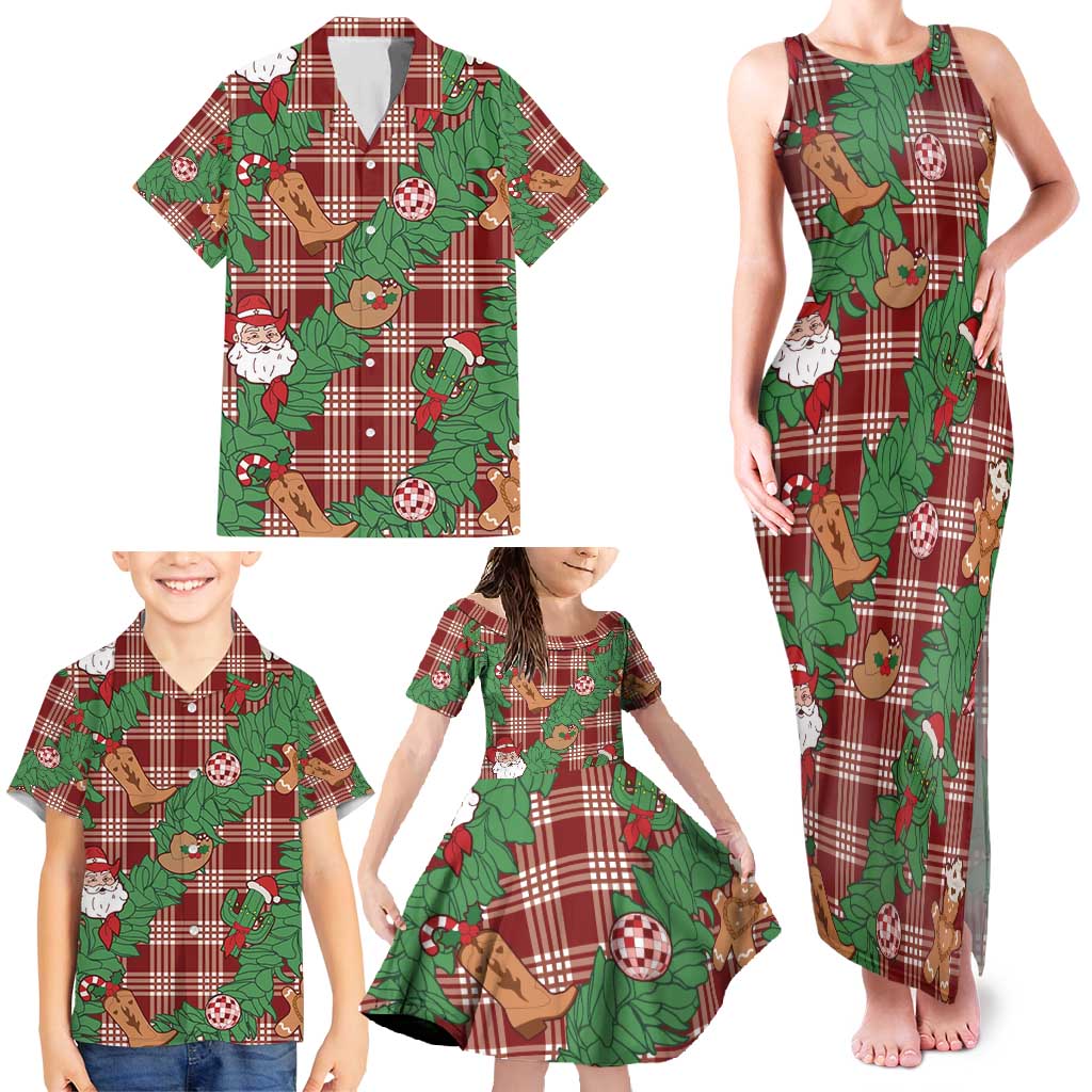 Red Palaka Hawaii Cowboy Christmas Family Matching Tank Maxi Dress and Hawaiian Shirt Paniolo Mix Maile Lei - Polynesian Pride