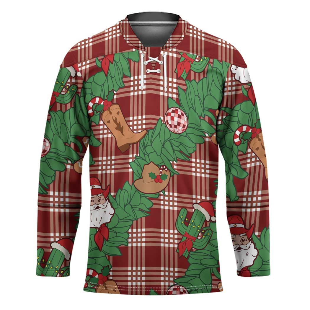 Red Palaka Hawaii Cowboy Christmas Hockey Jersey Paniolo Mix Maile Lei - Polynesian Pride