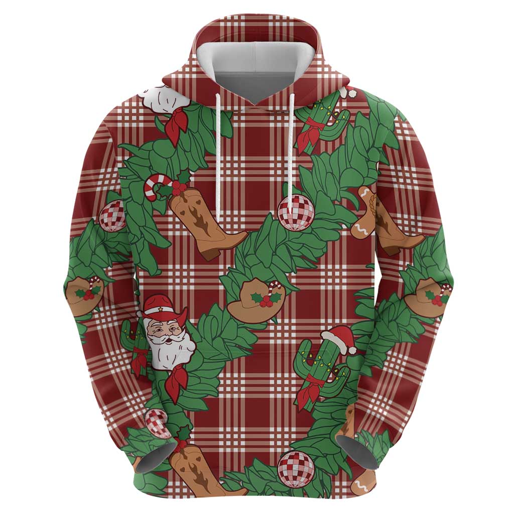 Red Palaka Hawaii Cowboy Christmas Hoodie Paniolo Mix Maile Lei - Polynesian Pride