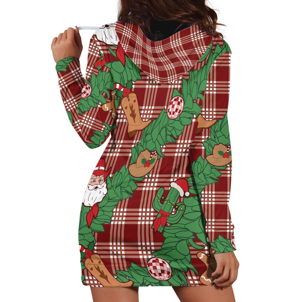Red Palaka Hawaii Cowboy Christmas Hoodie Dress Paniolo Mix Maile Lei - Polynesian Pride