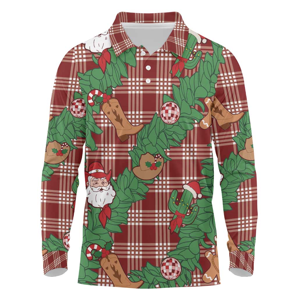 Red Palaka Hawaii Cowboy Christmas Long Sleeve Polo Shirt Paniolo Mix Maile Lei - Polynesian Pride
