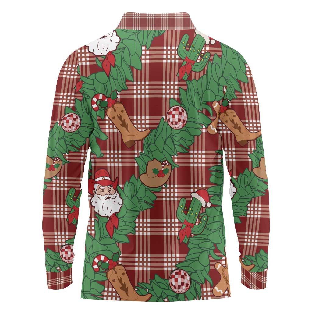 Red Palaka Hawaii Cowboy Christmas Long Sleeve Polo Shirt Paniolo Mix Maile Lei - Polynesian Pride