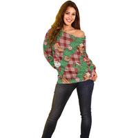 Red Palaka Hawaii Cowboy Christmas Off Shoulder Sweater Paniolo Mix Maile Lei - Polynesian Pride