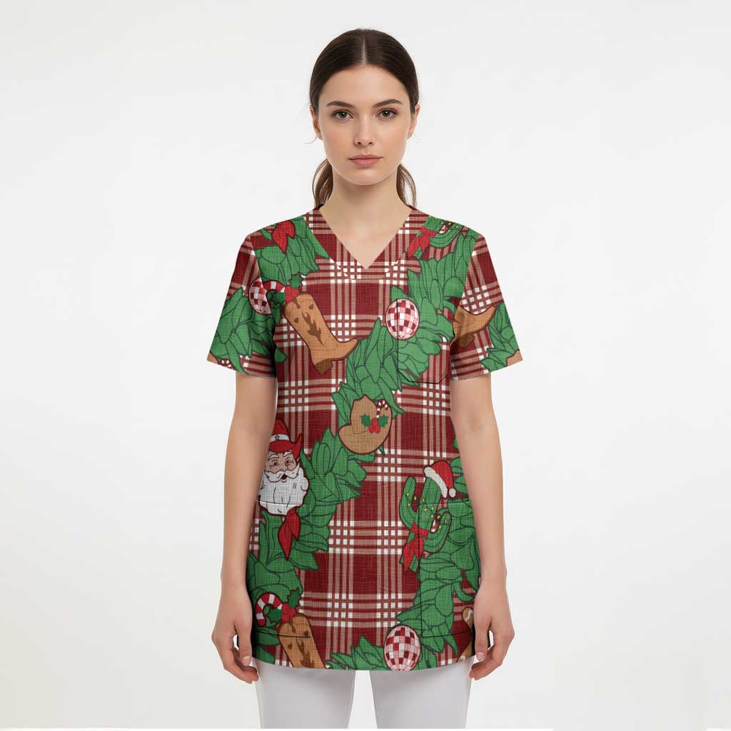 Red Palaka Hawaii Cowboy Christmas Scrub Top Paniolo Mix Maile Lei - Polynesian Pride