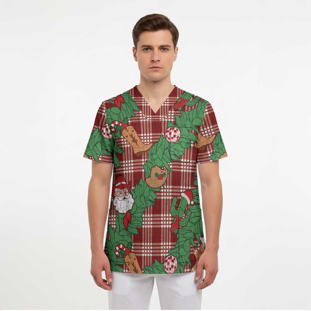 Red Palaka Hawaii Cowboy Christmas Scrub Top Paniolo Mix Maile Lei - Polynesian Pride