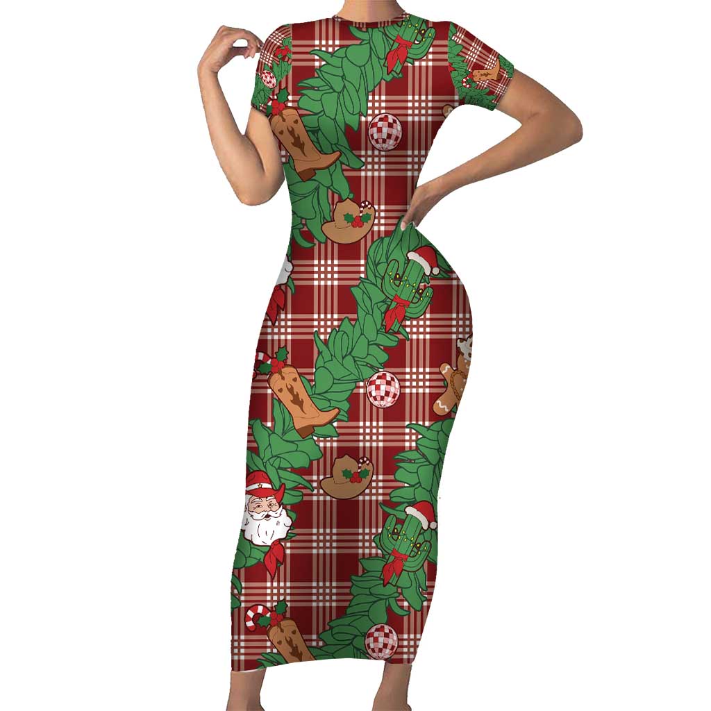 Red Palaka Hawaii Cowboy Christmas Short Sleeve Bodycon Dress Paniolo Mix Maile Lei - Polynesian Pride