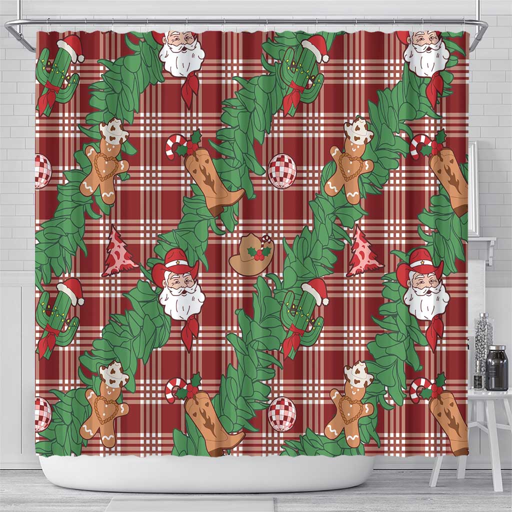 Red Palaka Hawaii Cowboy Christmas Shower Curtain Paniolo Mix Maile Lei - Polynesian Pride