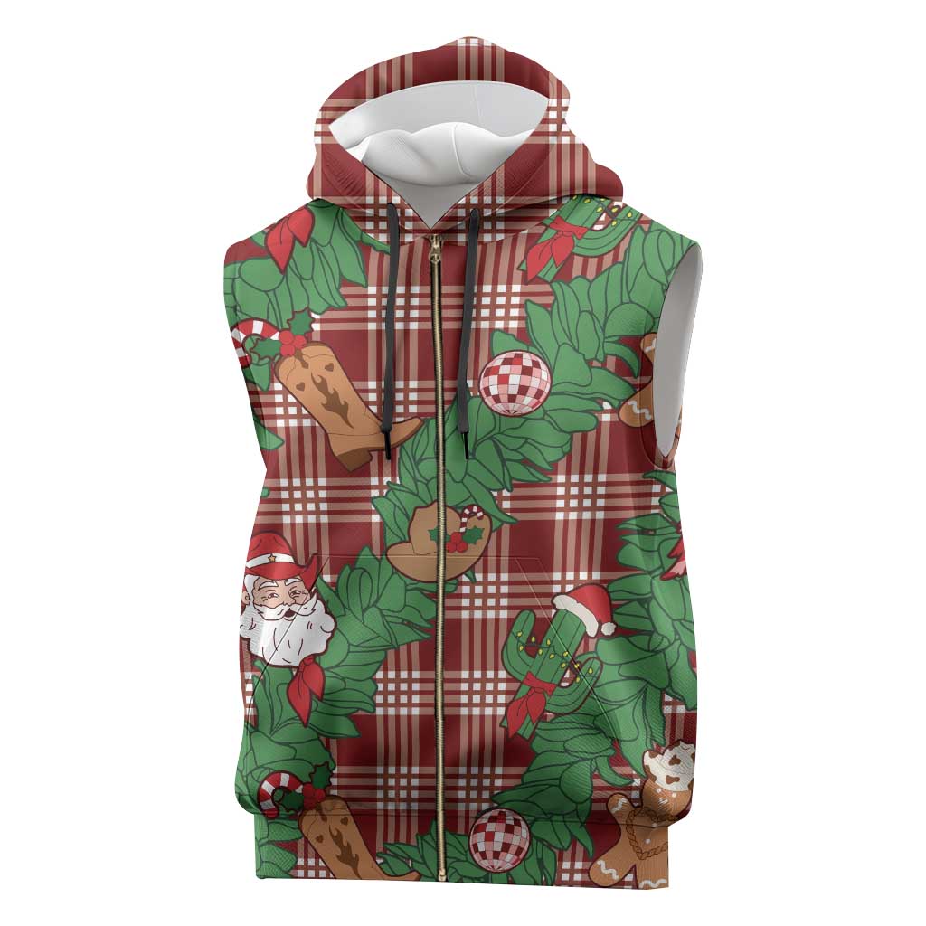 Red Palaka Hawaii Cowboy Christmas Sleeveless Zip Hoodie Paniolo Mix Maile Lei - Polynesian Pride