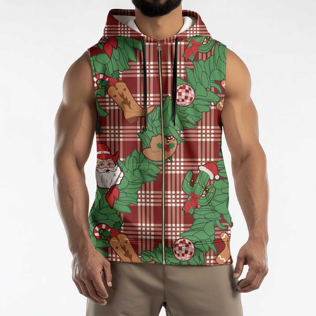 Red Palaka Hawaii Cowboy Christmas Sleeveless Zip Hoodie Paniolo Mix Maile Lei - Polynesian Pride