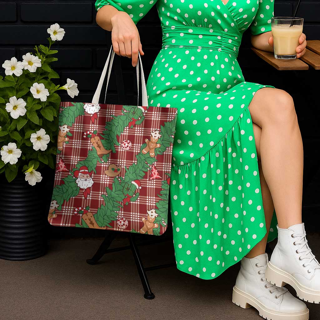 Red Palaka Hawaii Cowboy Christmas Tote Bag Paniolo Mix Maile Lei - Polynesian Pride