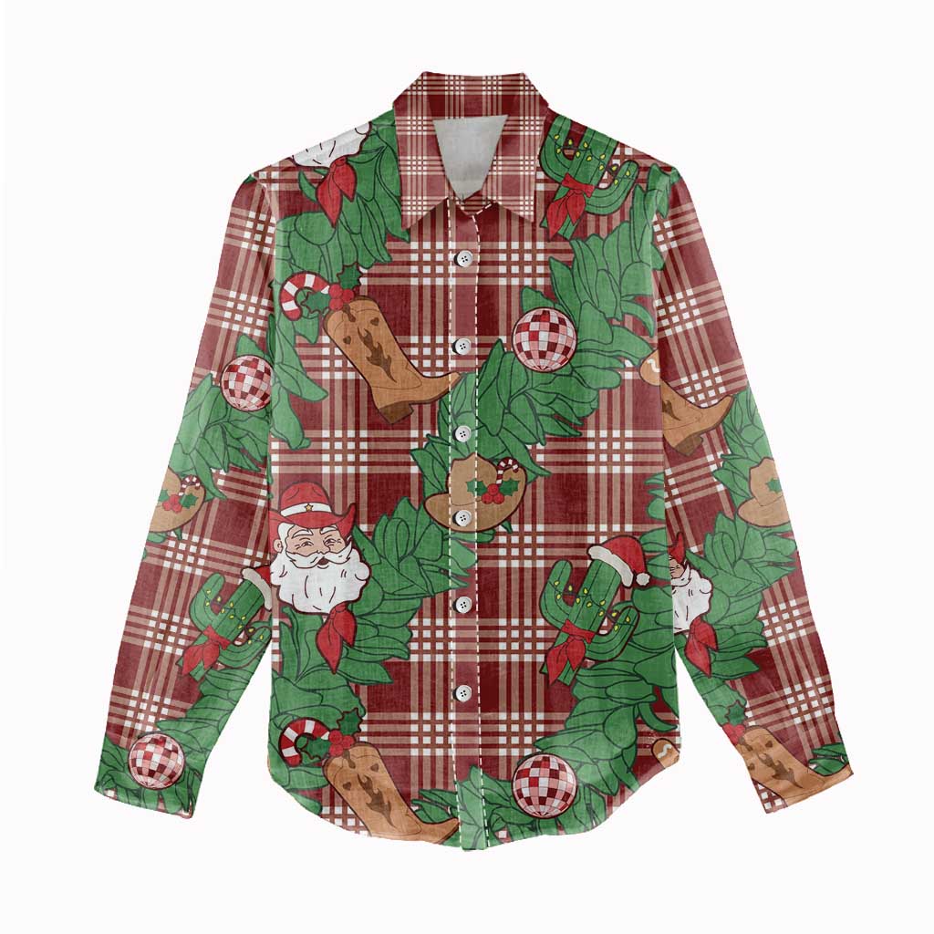 Red Palaka Hawaii Cowboy Christmas Women Casual Shirt Paniolo Mix Maile Lei - Polynesian Pride