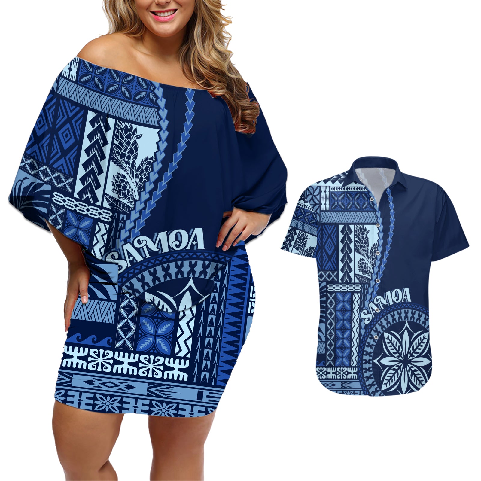 Samoa Siapo Motif Couples Matching Off Shoulder Short Dress and Hawaiian Shirt Classic Style - Bue Ver LT7 Blue - Polynesian Pride
