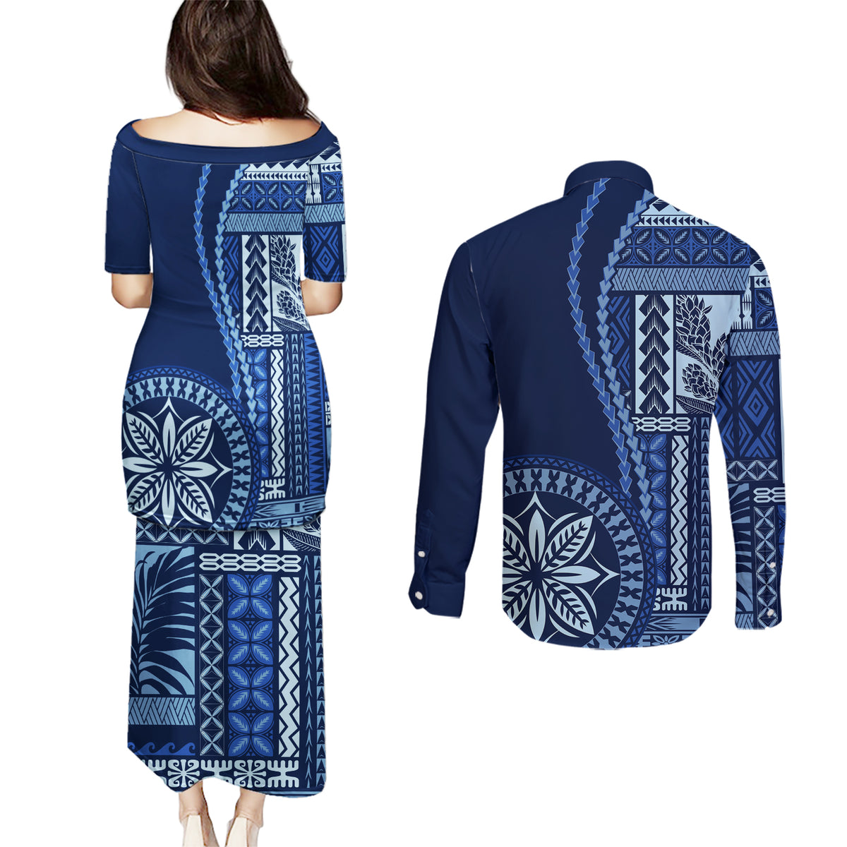Samoa Siapo Motif Couples Matching Puletasi Dress and Long Sleeve Button Shirt Classic Style - Bue Ver LT7 - Polynesian Pride