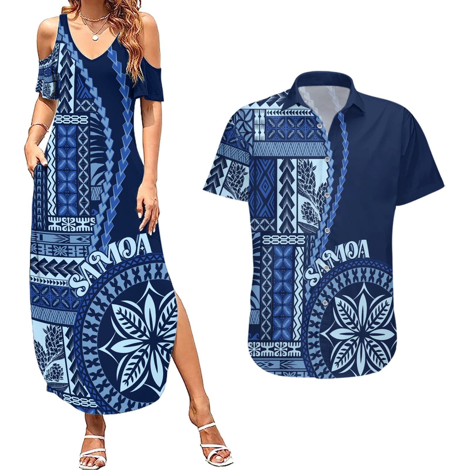 Samoa Siapo Motif Couples Matching Summer Maxi Dress and Hawaiian Shirt Classic Style - Bue Ver LT7 Blue - Polynesian Pride