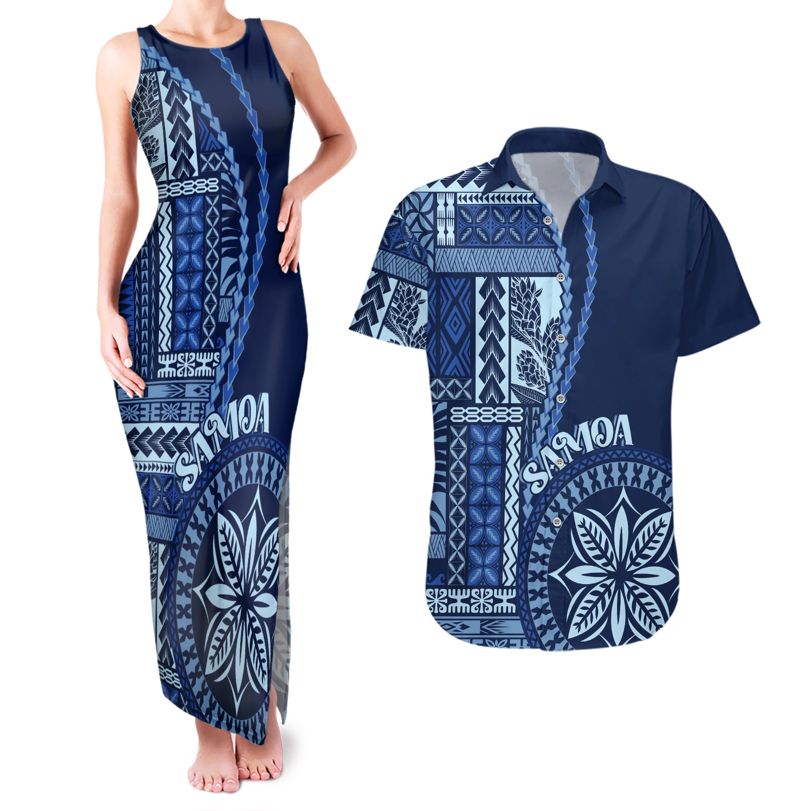 Samoa Siapo Motif Couples Matching Tank Maxi Dress and Hawaiian Shirt Classic Style - Bue Ver LT7 Blue - Polynesian Pride