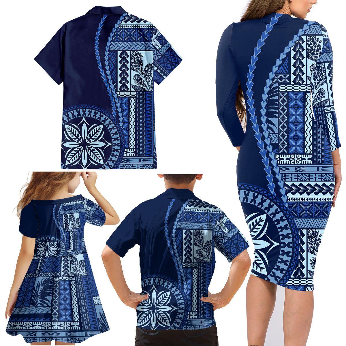 Samoa Siapo Motif Family Matching Long Sleeve Bodycon Dress and Hawaiian Shirt Classic Style - Bue Ver LT7 - Polynesian Pride