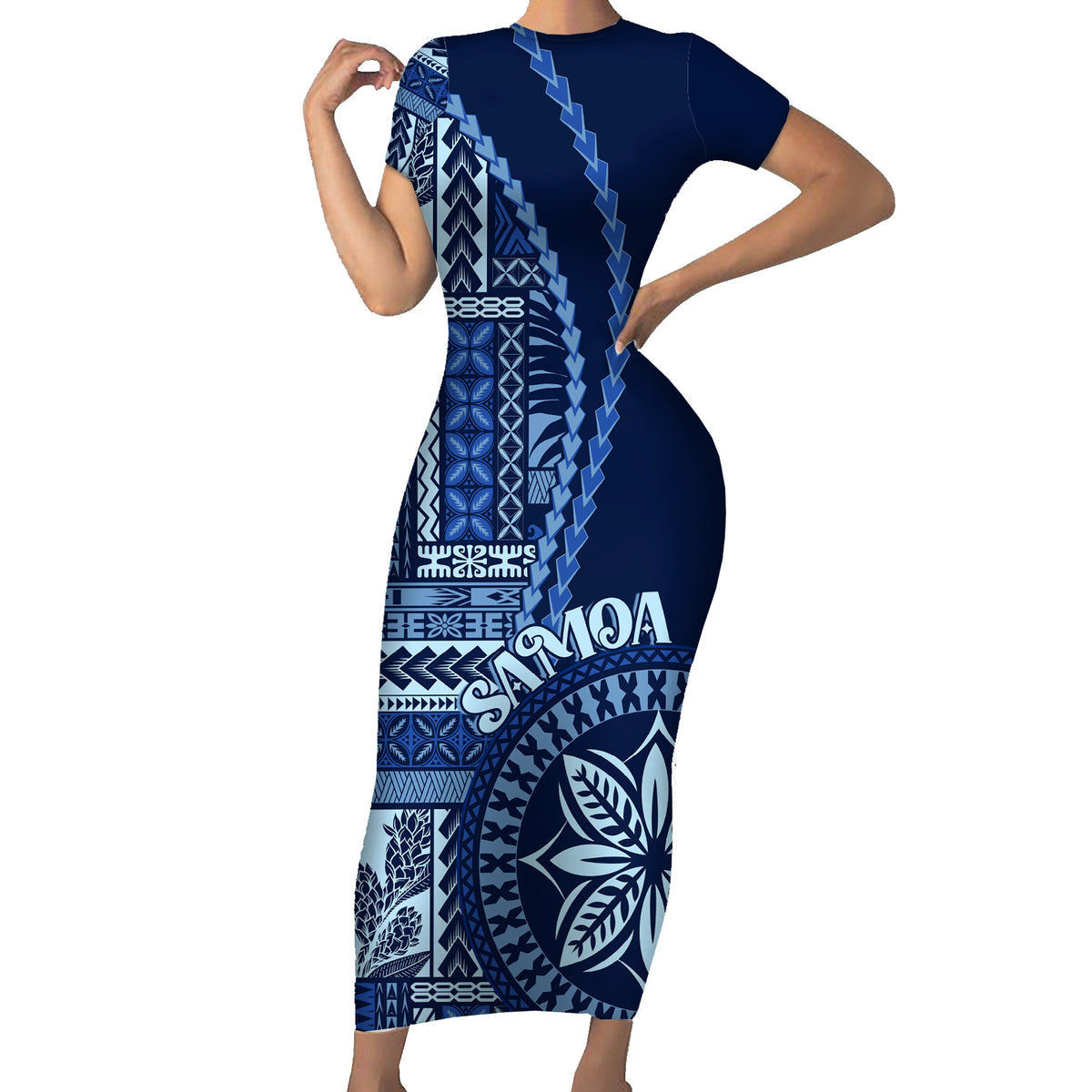Samoa Siapo Motif Family Matching Short Sleeve Bodycon Dress and Hawaiian Shirt Classic Style - Bue Ver LT7 Mom's Dress Blue - Polynesian Pride