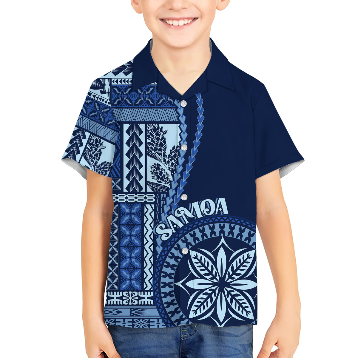 Samoa Siapo Motif Family Matching Short Sleeve Bodycon Dress and Hawaiian Shirt Classic Style - Bue Ver LT7 Son's Shirt Blue - Polynesian Pride