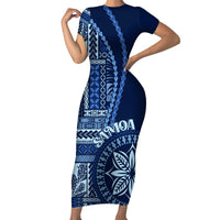 Samoa Siapo Motif Short Sleeve Bodycon Dress Classic Style - Bue Ver LT7 Long Dress Blue - Polynesian Pride