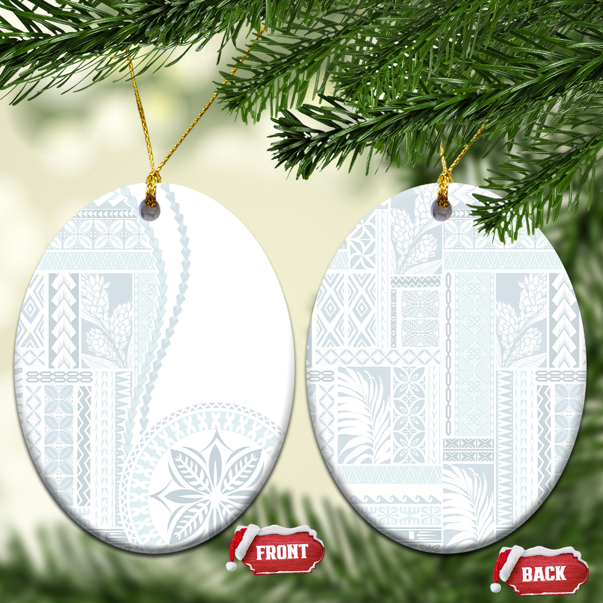 Samoa White Sunday Ceramic Ornament Classic Siapo Style LT7 Oval White - Polynesian Pride