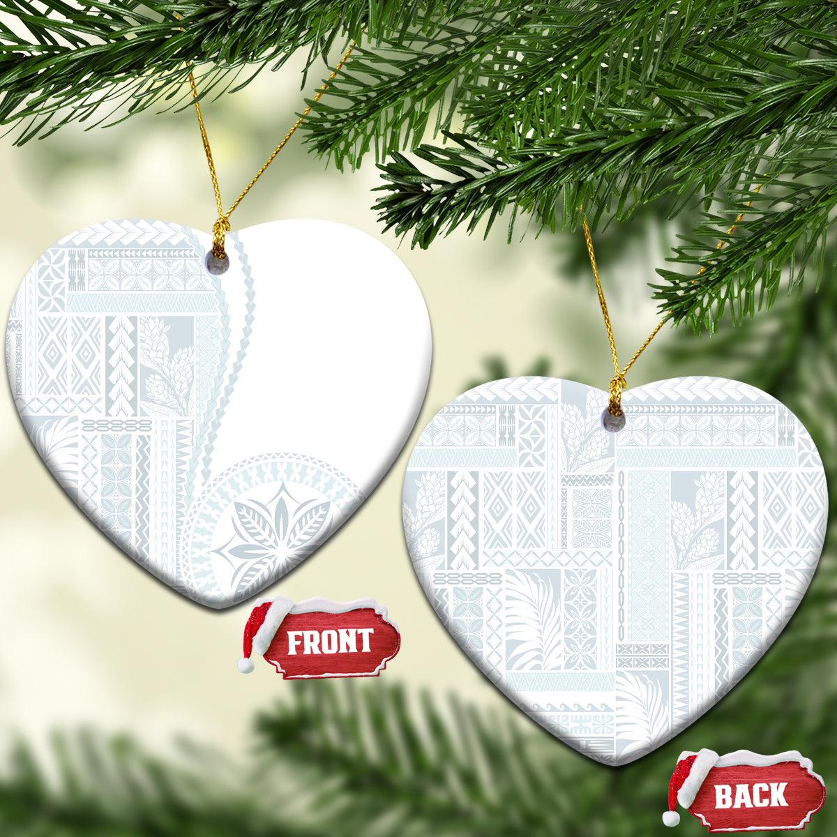 Samoa White Sunday Ceramic Ornament Classic Siapo Style LT7 Heart White - Polynesian Pride