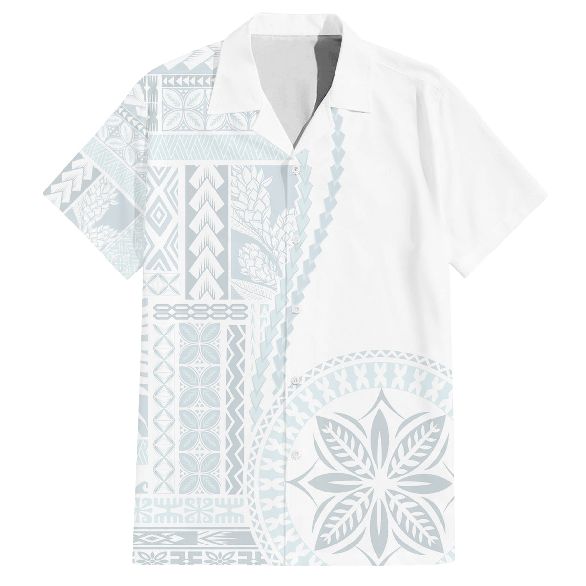 Samoa White Sunday Family Matching Off Shoulder Short Dress and Hawaiian Shirt Classic Siapo Style LT7 Dad's Shirt - Short Sleeve White - Polynesian Pride