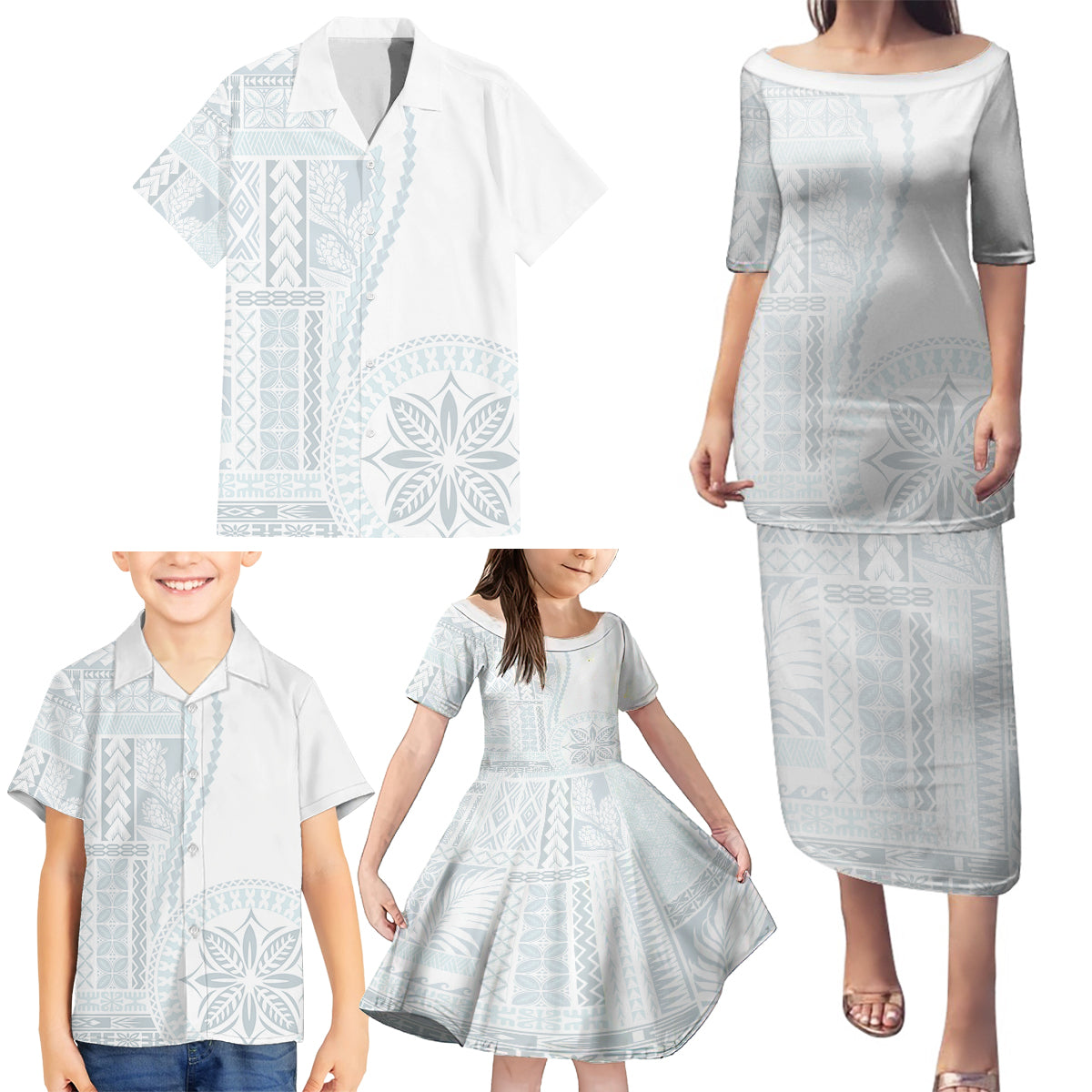 Samoa White Sunday Family Matching Puletasi Dress and Hawaiian Shirt Classic Siapo Style LT7 - Polynesian Pride