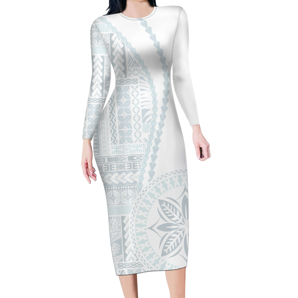 Samoa White Sunday Long Sleeve Bodycon Dress Classic Siapo Style LT7 Long Dress White - Polynesian Pride