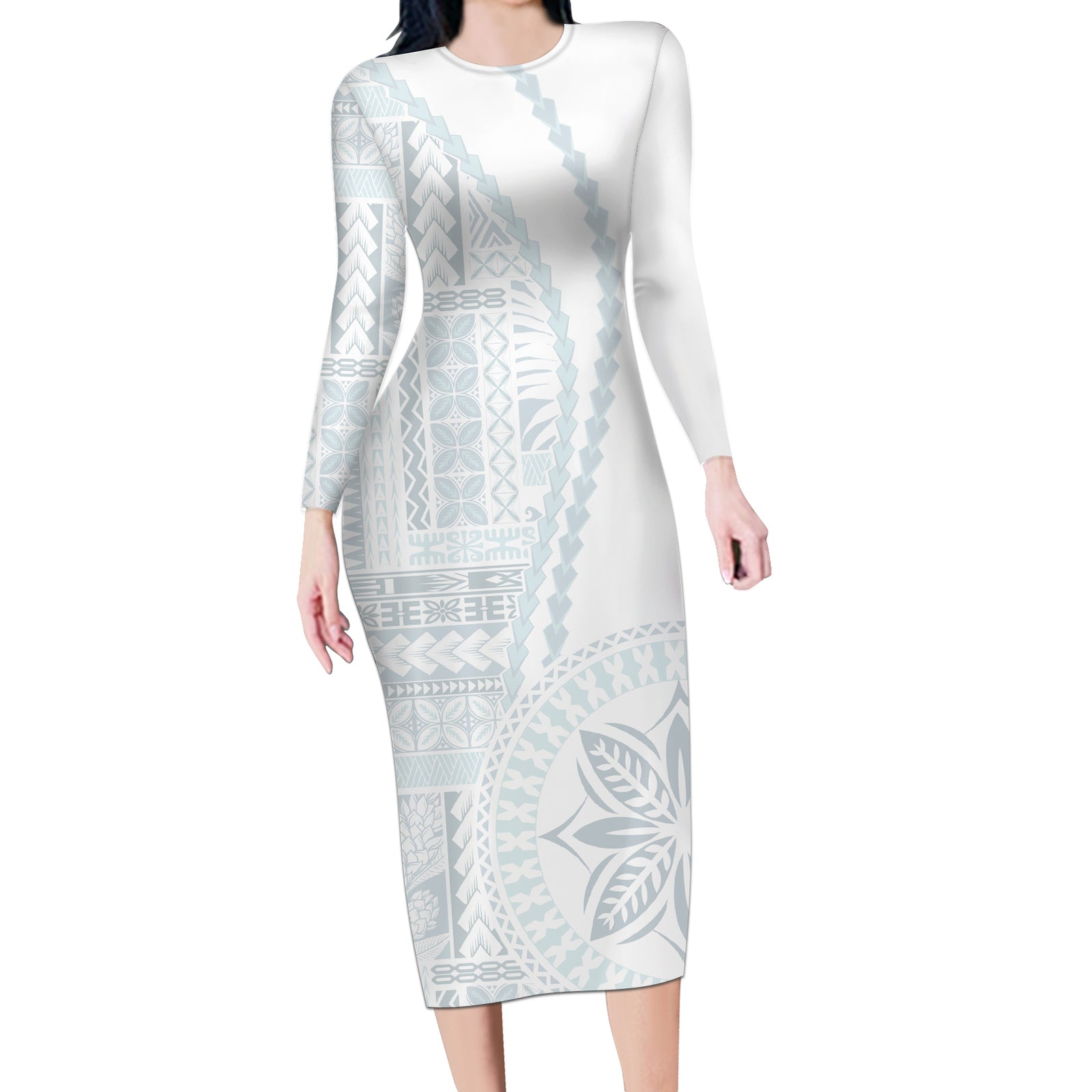Samoa White Sunday Long Sleeve Bodycon Dress Classic Siapo Style LT7 Long Dress White - Polynesian Pride