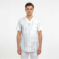 Samoa White Sunday Scrub Top Classic Siapo Style - Polynesian Pride