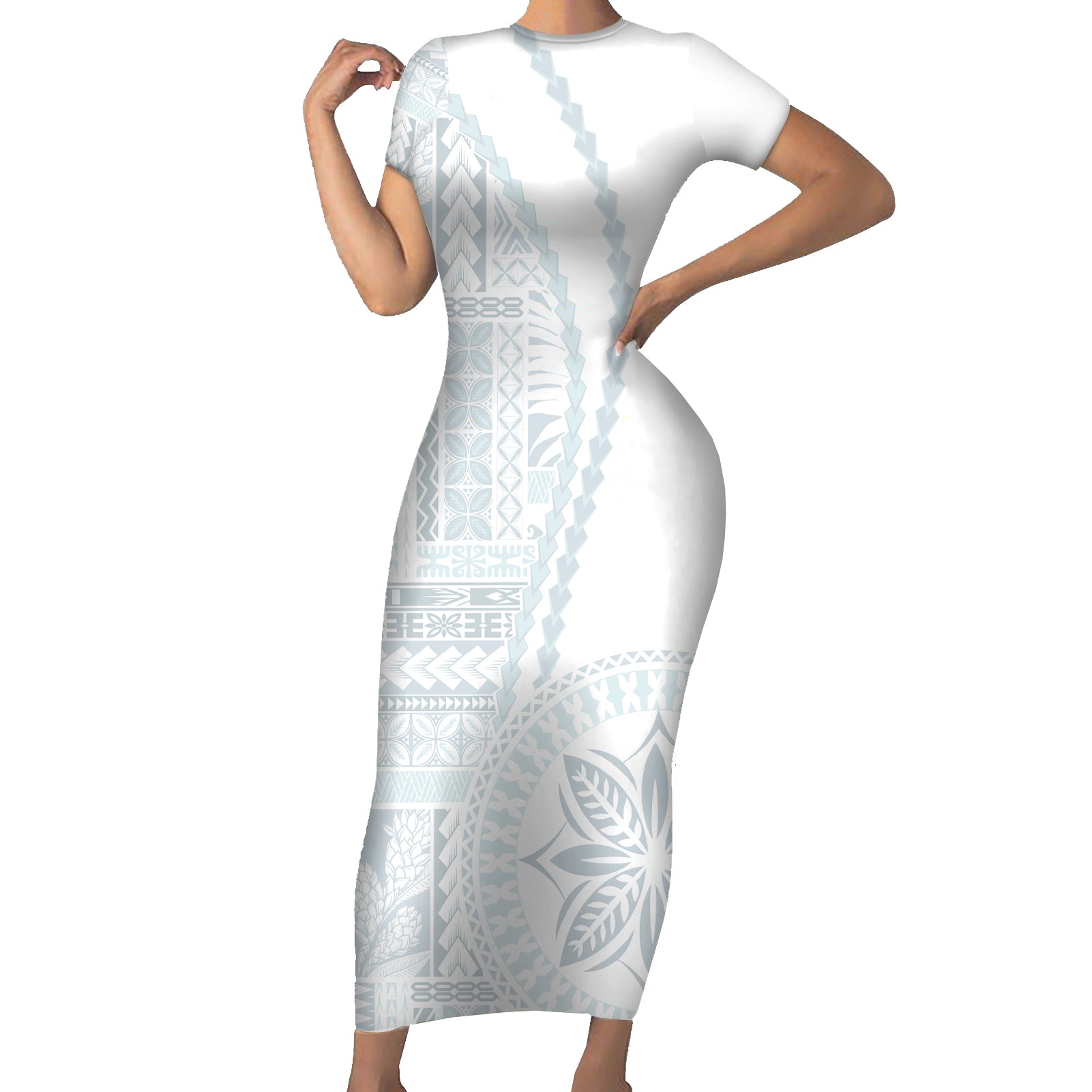 Samoa White Sunday Short Sleeve Bodycon Dress Classic Siapo Style LT7 Long Dress White - Polynesian Pride