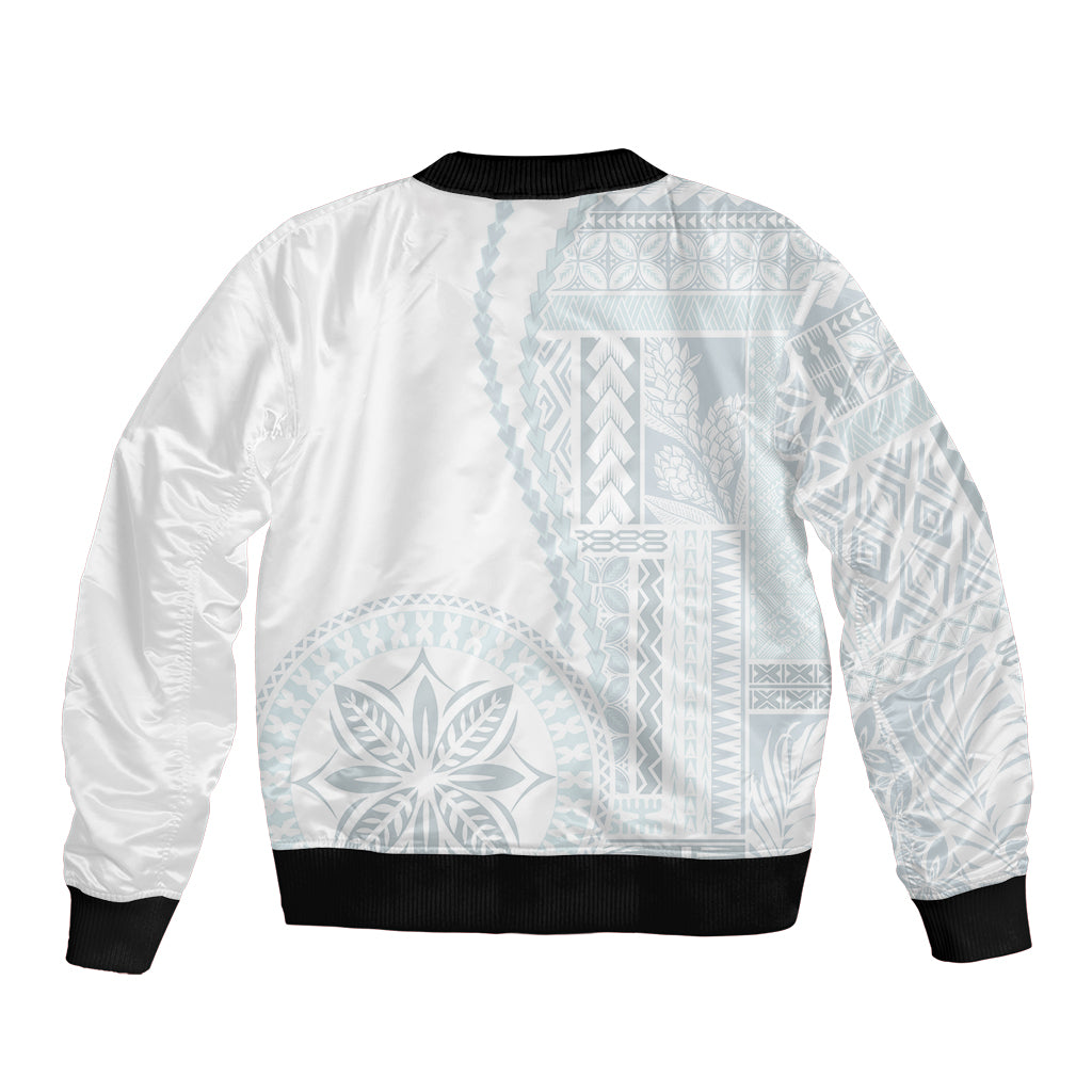 Samoa White Sunday Sleeve Zip Bomber Jacket Classic Siapo Style LT7 - Polynesian Pride