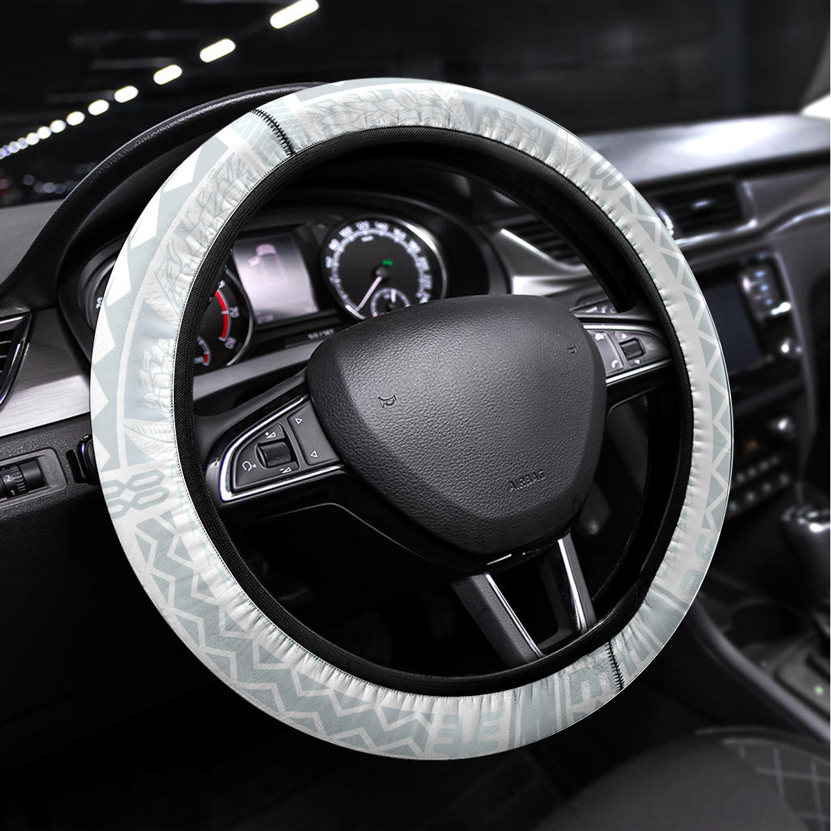 Samoa White Sunday Steering Wheel Cover Classic Siapo Style LT7 Universal Fit White - Polynesian Pride