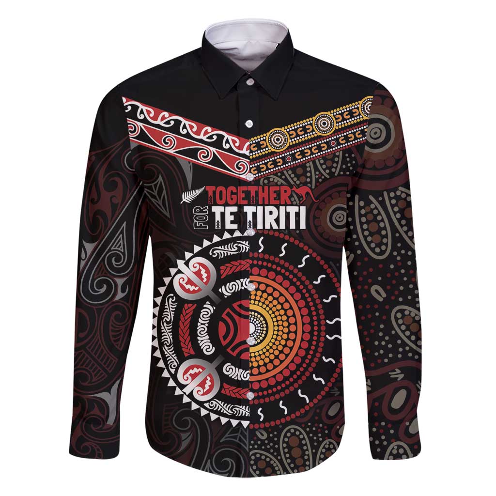 Aotearoa and Australia Indigenous Family Matching Mermaid Dress and Hawaiian Shirt Stand Together For Te Tiriti LT7 Dad's Shirt - Long Sleeve Black - Polynesian Pride