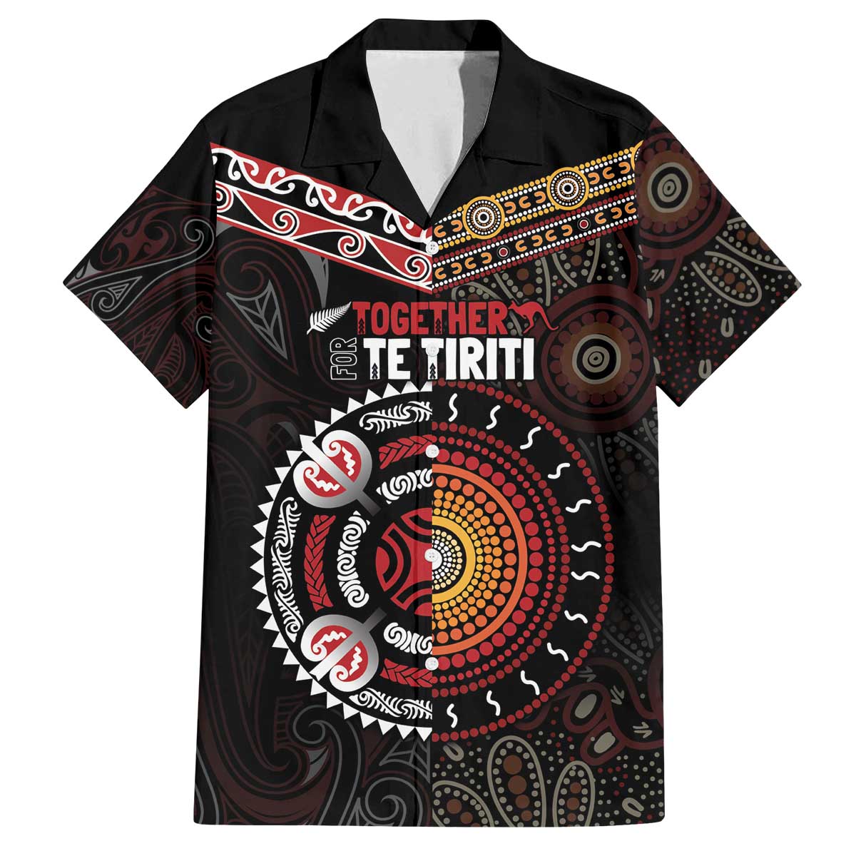 Aotearoa and Australia Indigenous Family Matching Off The Shoulder Long Sleeve Dress and Hawaiian Shirt Stand Together For Te Tiriti LT7 Dad's Shirt - Short Sleeve Black - Polynesian Pride