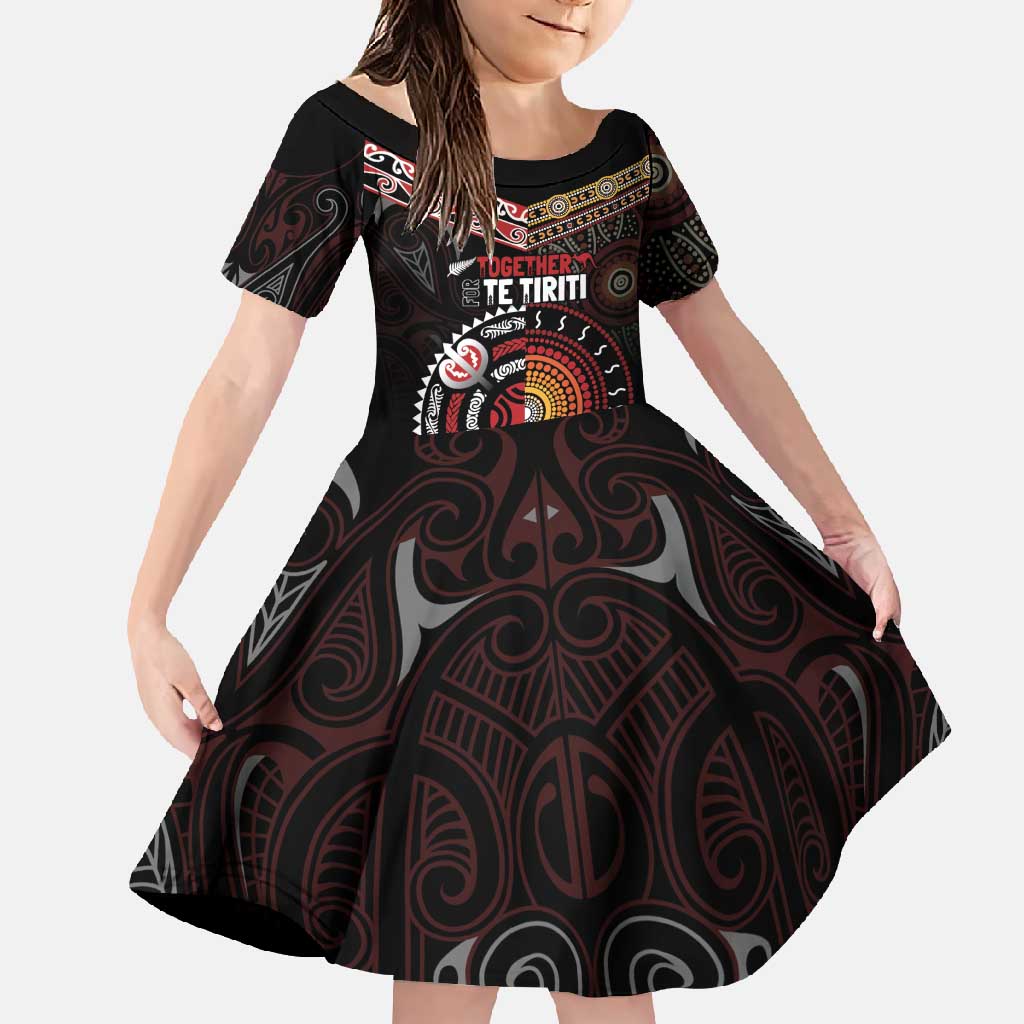 Aotearoa and Australia Indigenous Family Matching Tank Maxi Dress and Hawaiian Shirt Stand Together For Te Tiriti LT7 Daughter's Dress Black - Polynesian Pride