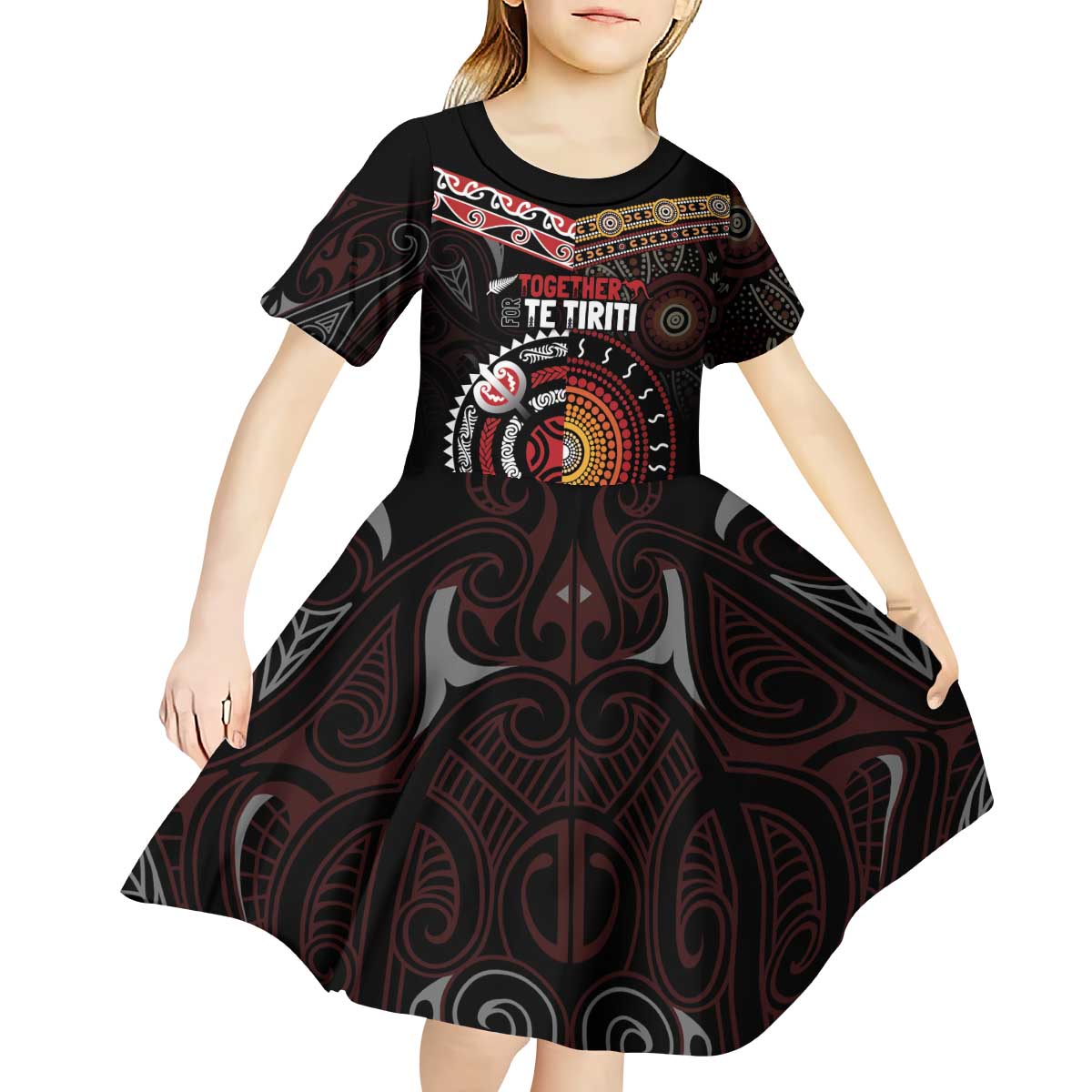 Aotearoa and Australia Indigenous Kid Short Sleeve Dress Stand Together For Te Tiriti